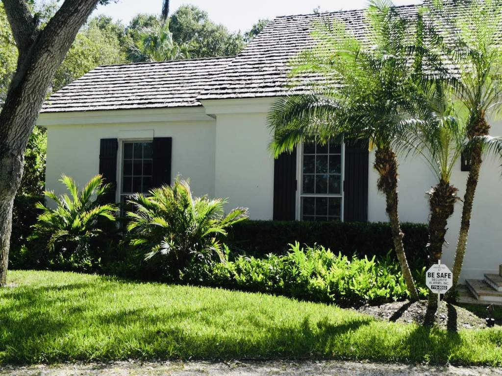 Black colonial shutters on a white house with shrubs underneath the window and a palm tree in the yard